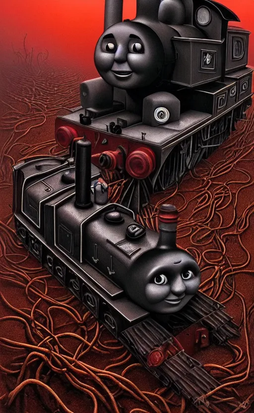 Image similar to thomas the tank engine in style of zdzisław beksinski, extremely dramatic lighting, 8 k, tendrils, black, darkness, black slime tendrils, infected, rust, body horror, thomas the train, thomas the tank engine face, horror,