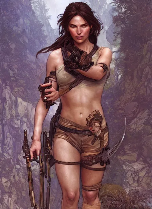 Image similar to Lara Croft as a beautiful woman, fantasy, intricate, elegant, highly detailed, centered, digital painting, artstation, concept art, smooth, sharp focus, illustration, art by artgerm and donato giancola and alphonse mucha