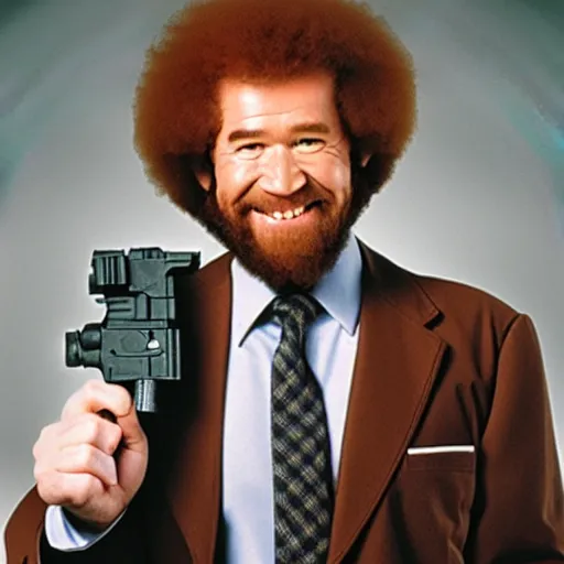 Image similar to Bob Ross holding a gun pointed at you