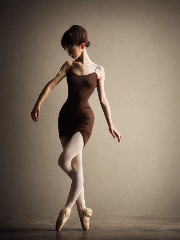 Image similar to hyperdetailed photo of a beautiful ballerina girl with brown eyes and dark bob hairstyle, winds of winter, in a tight dress, cinematic lighting, studio quality