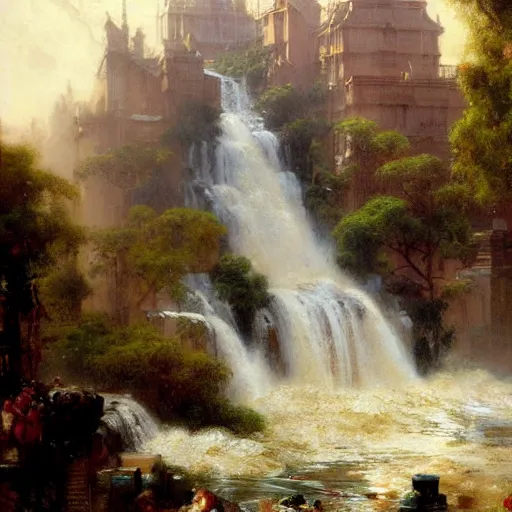 Image similar to waterfall flooding an entire city. victorian age. highly detailed painting by gaston bussiere, craig mullins, j. c. leyendecker