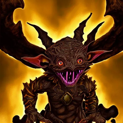 Image similar to a highly detailed goblin with dark skin and yellow eyes that glow, Like magic the gathering, goblin chainwalker, with a volcano in the background, digital art, by Christopher rush