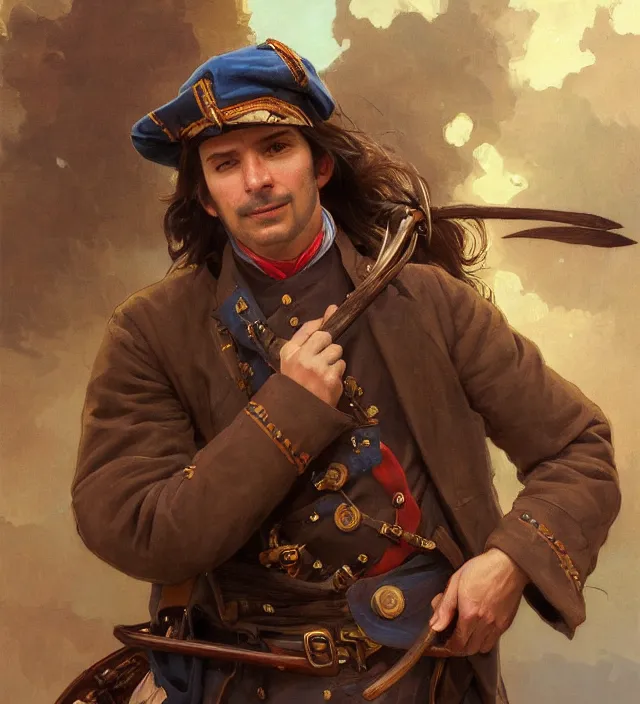 Prompt: candid portrait of a man with brown wavy hair and deep brown eyes, wearing a blue traditional colonial military jacket, intricate, holding a spear, highly detailed, digital painting, artstation, concept art, sharp focus, cinematic lighting, illustration, art by artgerm and greg rutkowski, alphonse mucha, cgsociety