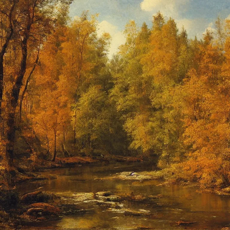 Prompt: the forest in autumn, oil on the canvas, river, by ivan ivanovich shishkin, 4 k