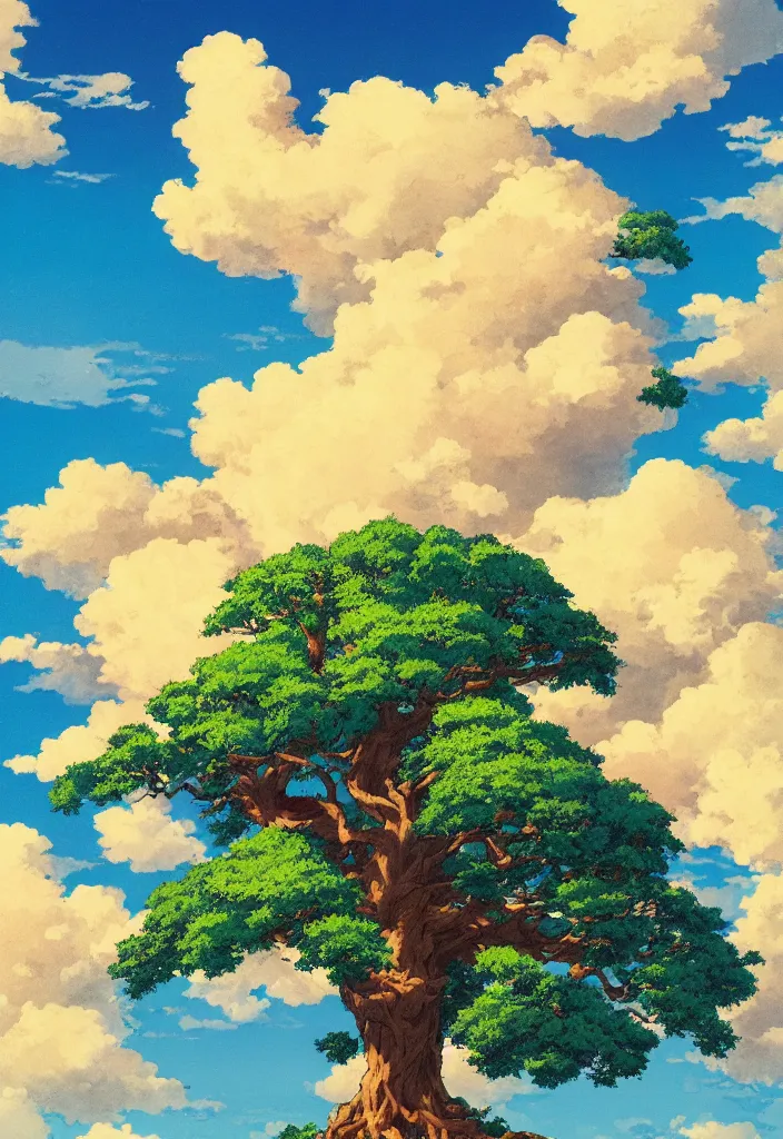 Image similar to a gigantic oak reaching the sky, detailed clouds, sunbeams, heavenly color scheme, studio ghibli scheme