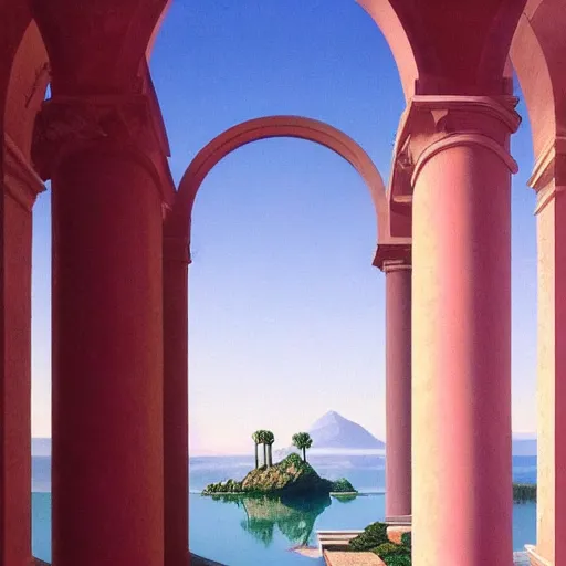 Image similar to David Ligare masterpiece, hyperrealistic surrealism, award winning masterpiece with incredible details, epic stunning, infinity pool, a surreal vaporwave liminal space, highly detailed, trending on ArtStation, broken giant marble head statue ruins, calming, meditative, pink arches, flowing silk sheets, geometric liminal space, palm trees, very vaporwave, very very surreal, sharp details, artgerm and greg rutkowski and alphonse mucha, daily deviation, IAMAG