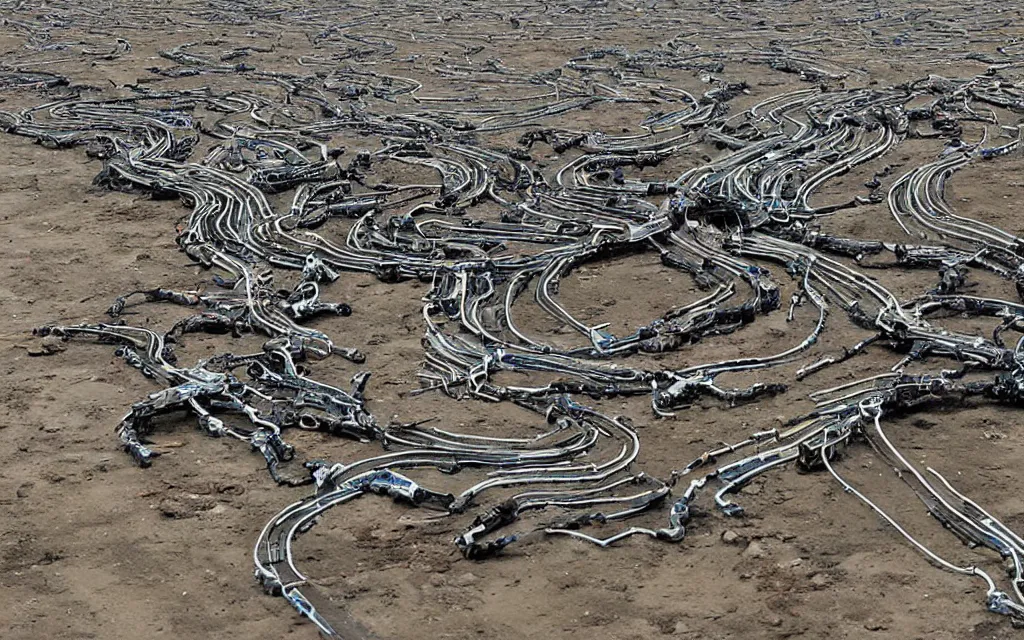 Image similar to gigantic robotic centipede travelling across a broken landscape