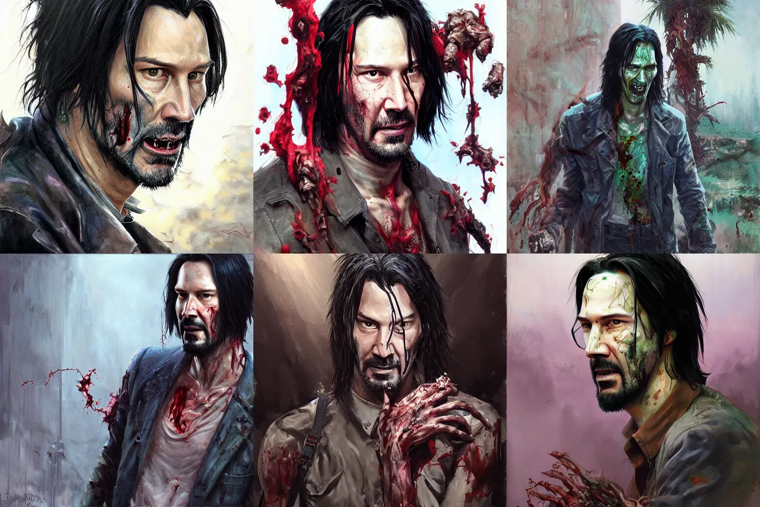 Prompt: portrait of zombie keanu reeves in a scenic environment by jesper ejsing and eddie mendoza
