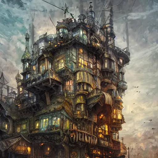 Image similar to Ultra-realistic illustration, high fantasy steampunk house built of junk, several floors hanging over each other, disorganized architecture, inherent details, impressionism sketch, complex, elegant, highly detailed, digital painting, artstation, concept art, smooth, clear focus, illustration, artgerman art,