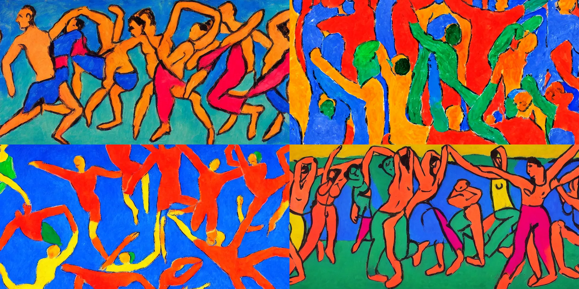 Prompt: A detailed expressionist painting of six dancers holding hands raised together, joined in a circle, in the style of Matisse