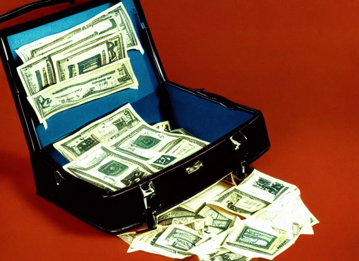 Prompt: color photo of a briefcase full of money in the 8 0's