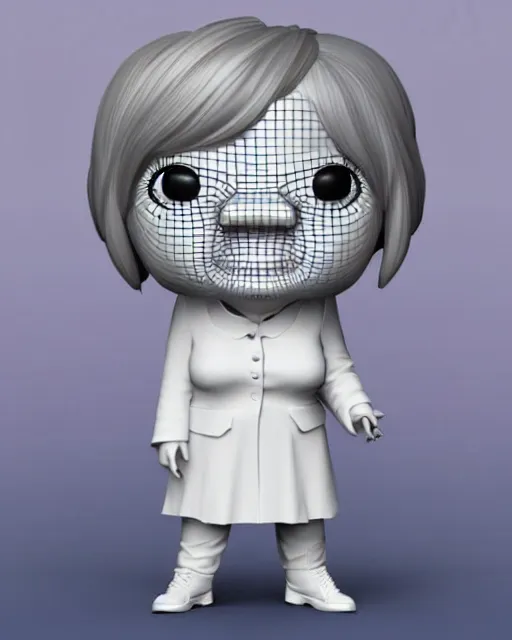 Image similar to full body 3d render of angela merkel as a funko pop, studio lighting, white background, blender, trending on artstation, 8k, highly detailed