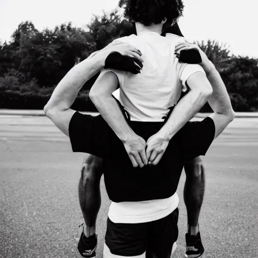 Image similar to black and white cat walking on the back of a man wearing a black t - shirt and blue shorts