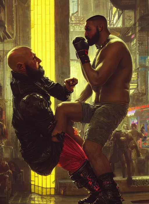 Image similar to big mike. cyberpunk meathead getting punched. (Cyberpunk 2077, bladerunner 2049). Iranian orientalist portrait by john william waterhouse and Edwin Longsden Long and Theodore Ralli and Nasreddine Dinet, oil on canvas. Cinematic, hyper realism, realistic proportions, dramatic lighting, high detail 4k