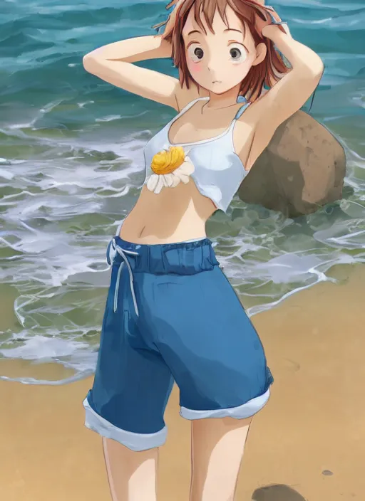 Image similar to girl at a beach, happy, beautiful, finely detailed, made by ross tran, studio ghibli, full body portrait, illustration, shinny water, shinny sand, sunny, anime, front view, perfect anime face, realistic face, zoomed out, smooth, blue eyes, high waisted shorts, sharp focus