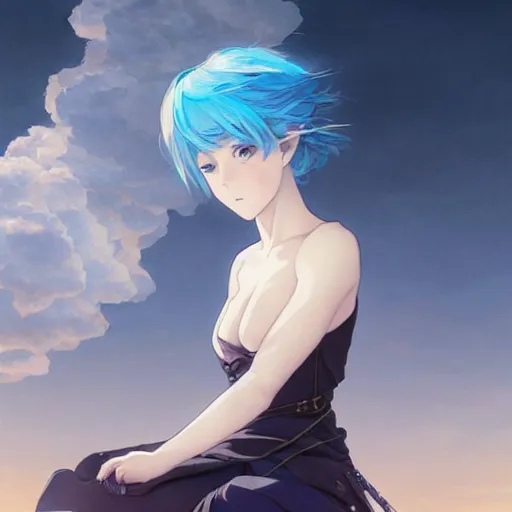 Image similar to a girl with short light blue hair and blue eyes is sitting on a cloud, anime style, light effect, anime style hyper detailed, illustration, bloody, intricate, elegant, digital painting, artstation, smooth, sharp focus, art by artgerm and greg rutkowski and alphonse mucha.