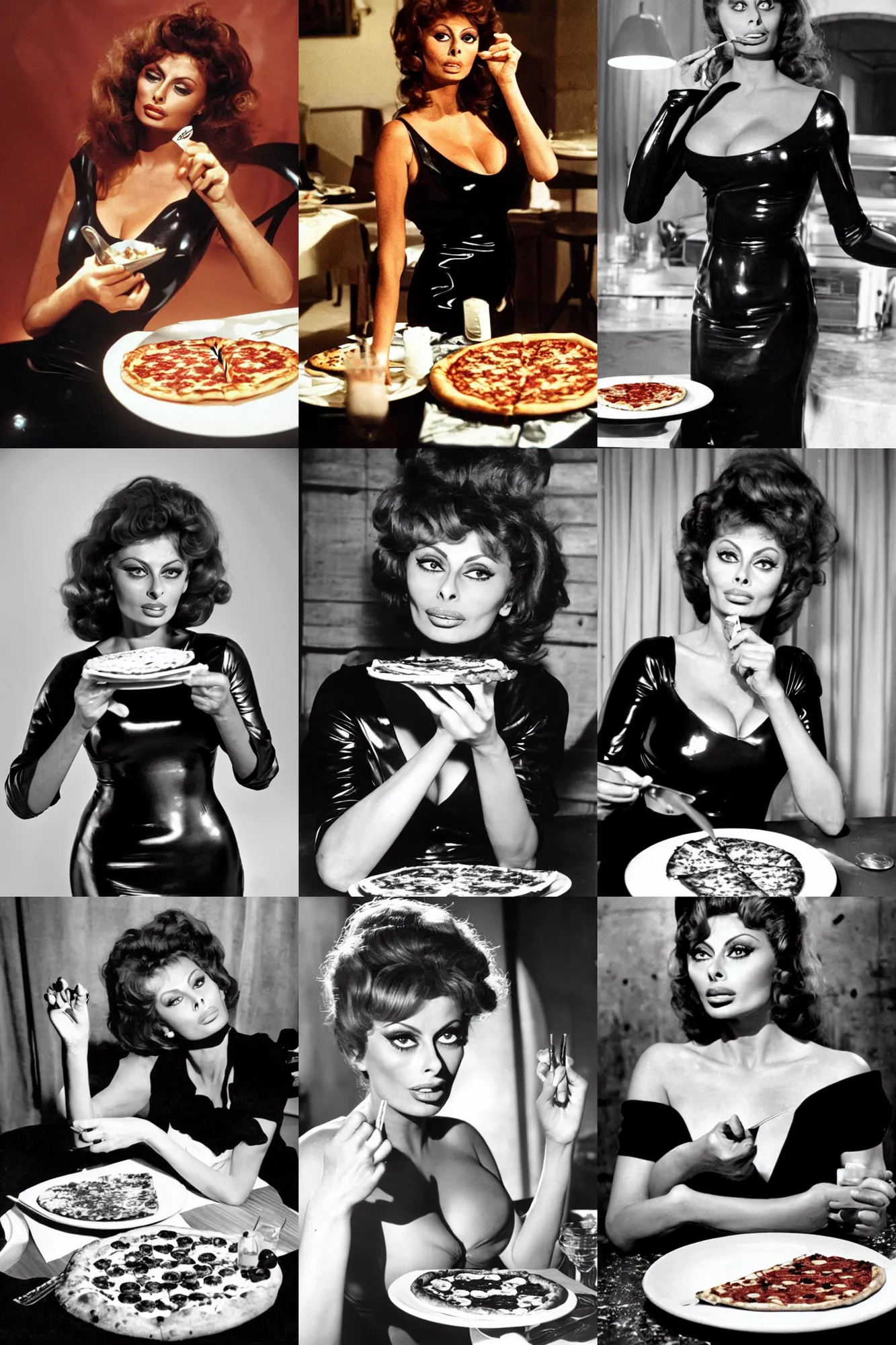 Prompt: a film still showing a young beautiful sophia loren, eating a pizza margherita with hands and a fork, shiny black latex dress, large cornicione, smooth lighting, masterpiece, timeless, genious composition