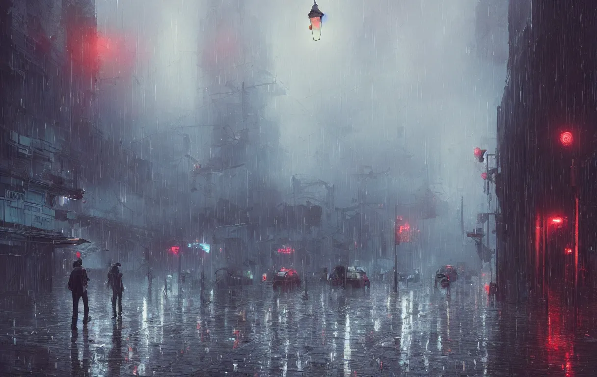 Prompt: A digital painting of a close-up view of a raining cyberpunk street, some street lights and padestrians, by Ismail Inceoglu and Caspar David Friedrich, stunning, photorealistic, highly-detailed, 4k, ue5, light effect, rtx on, realistic, cinematic, IMAX quality, trending on artstation