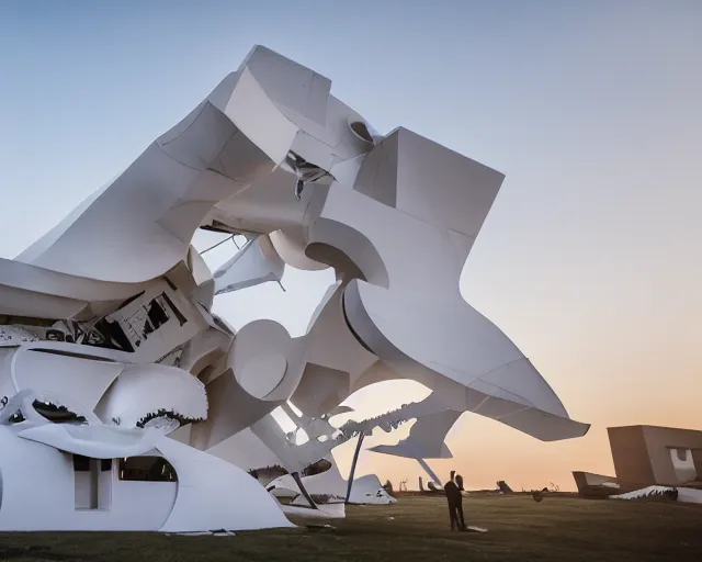 Image similar to photo of white minimalist abstract cubist sculpture of curvy spaceship with random small mecha mayan decorations, covered with few large white airplane parts with windows and doors, gigantic size used as restaurant, late sunset lighting