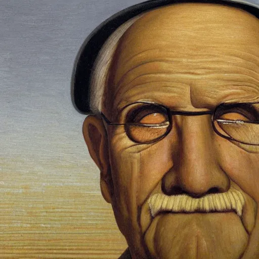 Prompt: detailing character portrait painting of old man by Grant Wood, on simple background, painting, middle close up composition