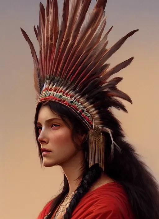 Image similar to gorgeous redskin woman wearing headdress, intricate, elegant, highly detailed, artstation, concept art, smooth, sharp focus, illustration, art by greg rutkowski and stefan kostic and bouguereau