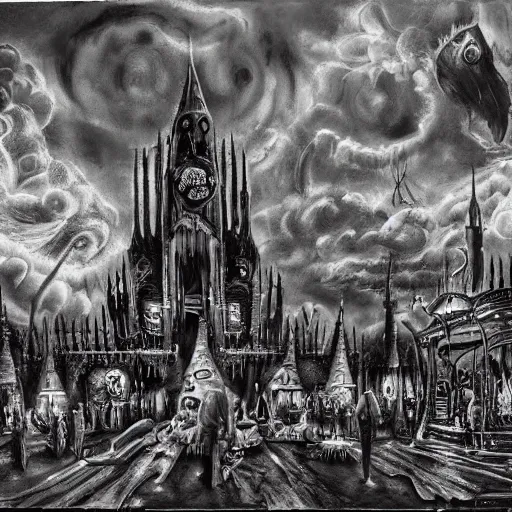 Prompt: ultra realist soft painting of a curiosities fair by night, nightmare horror, omnious sky, symmetry accurate features, very intricate details, black and white, volumetric light clouds