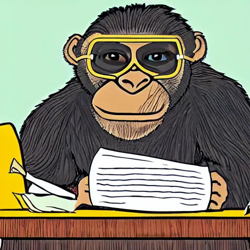 Image similar to a gorrila doing his taxes, cartoon, colorful, art