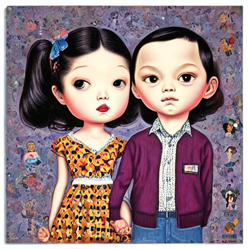 Image similar to a couple and their child portrait, living room wall background, lowbrow art, by Mark Ryden and Hikari Shimoda