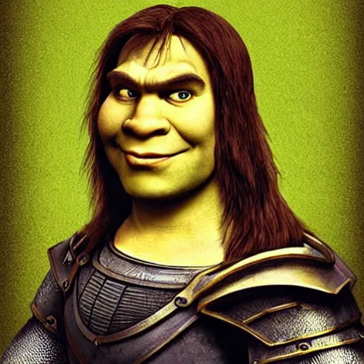 Prompt: shrek from shrek as a glorious devout shining powerful epic amazing awesome very handsome attractive muscular stylish knight in shining golden armor riding donkey, fantasy art, hyper detailed, extremely complex, hyper realistic, similar to the mona lisa, art by leonardo devinci