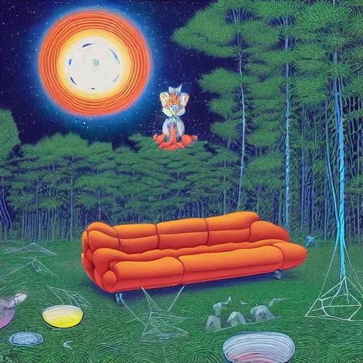 Prompt: psychedelic couch sofa in the pine forest, goose, milky way, designed by moebius, rob gonsalves, gustav dore, giuseppe arcimboldo and carl barks, louis wain, trending on artstation, canada, star, sharp focus, colorful refracted sparkles and lines, soft light, 8 k 4 k