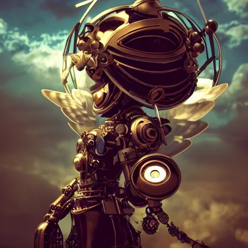 Image similar to a steampunk robotic angel, retro, steam, extremely detailed, particles, cinematic lighting, anime, clouds, sky, lush, beautiful,