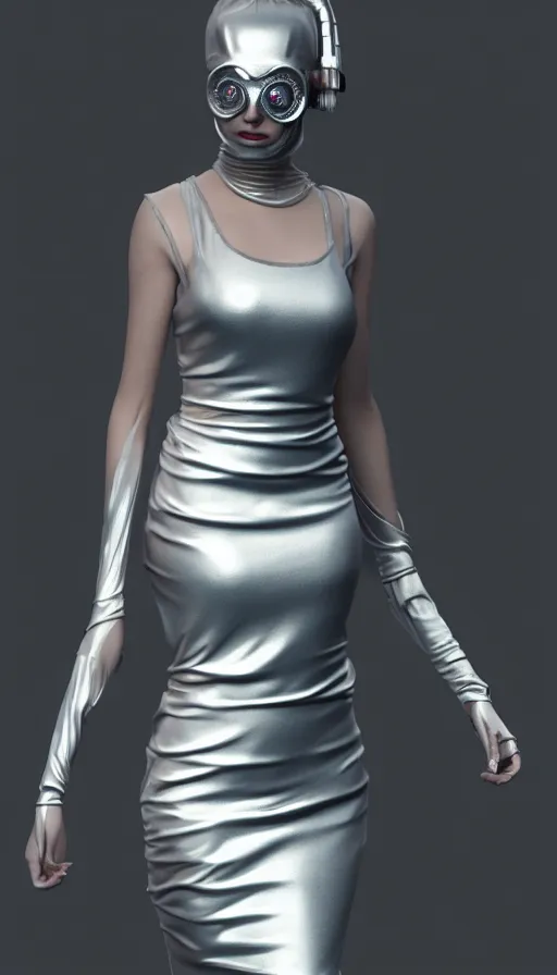 Image similar to a woman wearing a silver dress and a silver mask, cyberpunk art by zhou fang, cgsociety, computer art, daz 3 d, zbrush, rendered in maya