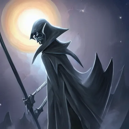 Image similar to Karthus from League of Legends as a grim reaper holding a scythe wearing a cloak, epic detail, night, star sky