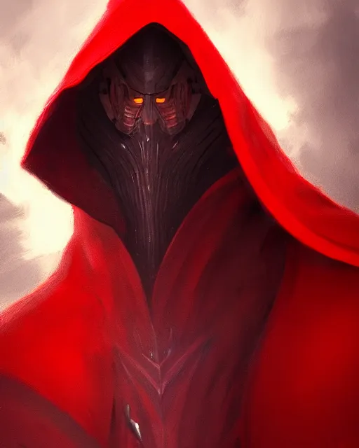 Image similar to painting of a wicked faceless cool baron in a red cloak, fantasy, artstation, cgsociety, ultra high detail, stylized, medium shot