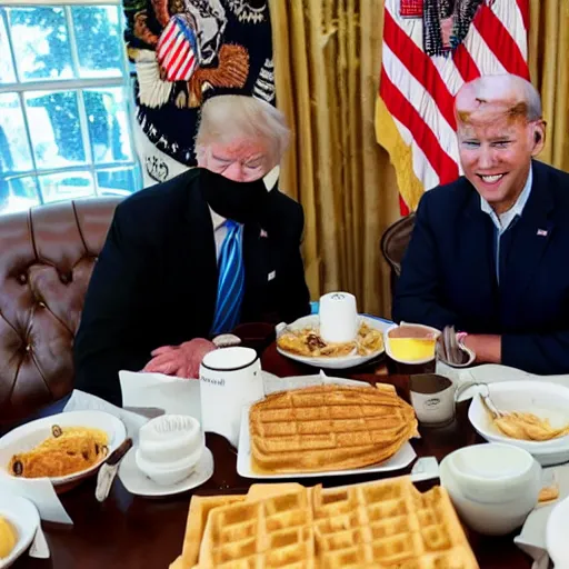 Image similar to photograph of trump and Biden sitting and eating breakfast at a Wafflehouse