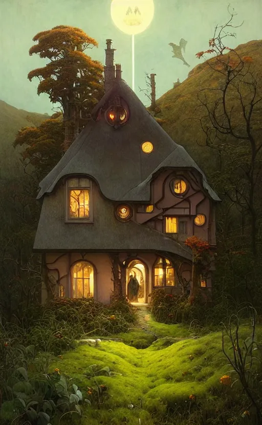 Image similar to a hyper realistic witchy cottage with solar panels on a tall hill, mountains, atmospheric lighting, lush foliage, painting by chiara bautista and tom bagshaw, mucha, beksinski and norman rockwell and greg rutkowski weta studio, and lucasfilm