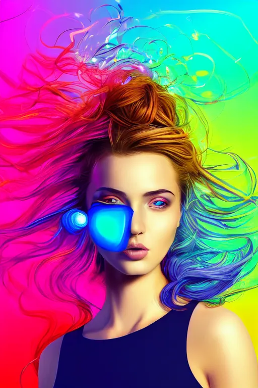 Image similar to a award winning half body portrait of a beautiful woman with stunning eyes in a croptop and cargo pants with rainbow colored ombre hairstyle head in motion and hair flying by thomas danthony, surrounded by whirling illuminated liquids, outrun, vaporware, shaded flat illustration, digital art, trending on artstation, highly detailed, fine detail, intricate