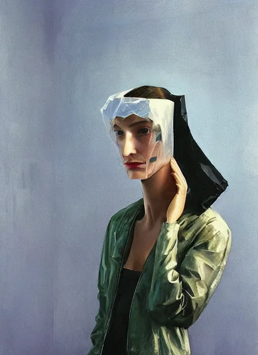 Image similar to beautiful cyberpunk woman in a translucent bomber jacket made from plastic bag with paper bags for clothes standing inside paper bags with paper bag over the head at store display Edward Hopper and James Gilleard, Zdzislaw Beksinski, highly detailed