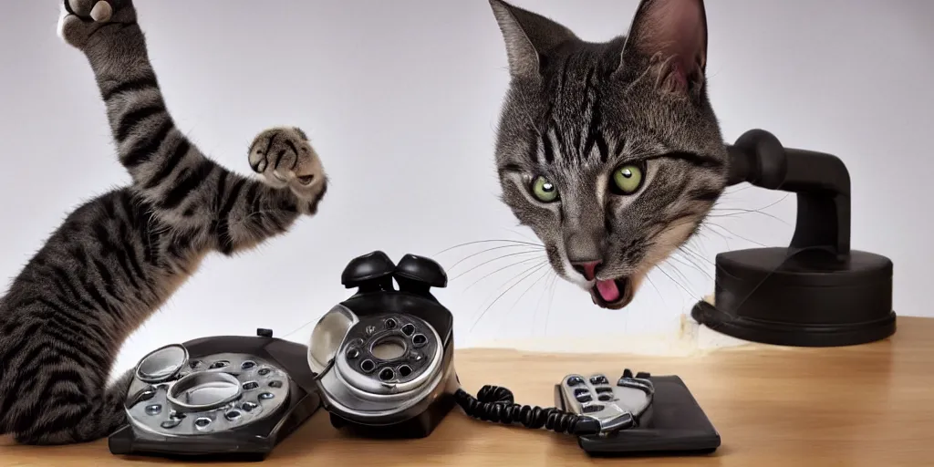 Image similar to photo of a cat laughing wide and hilariously into an old rotary phone that it is holding with its paw to its face. interior home office, at computer deist and keyboard and monitor, tec - supportt, it help, frustration, spilling coffee everywhere