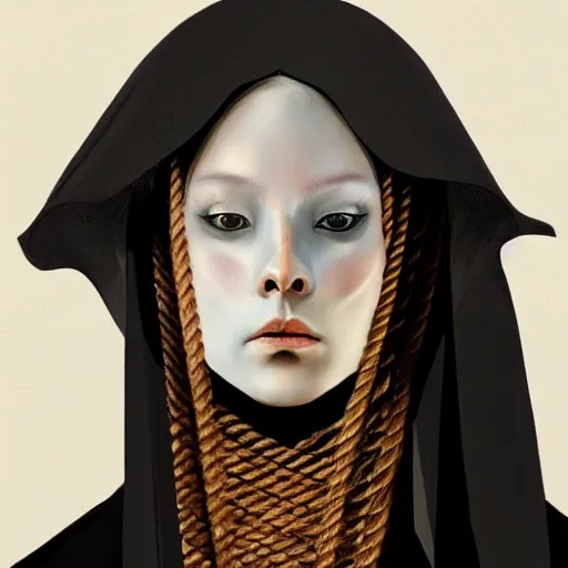 Image similar to portrait of a Shibari rope wrapped face and neck, headshot, insanely nice professional hair style, dramatic hair color, digital painting, of a old 16th century, Black Nun, amber jewels, baroque, ornate clothing, scifi, realistic, hyper detailed, chiaroscuro, concept art, art by Franz Hals and Jon Foster and Ayami Kojima and Amano and Karol Bak,