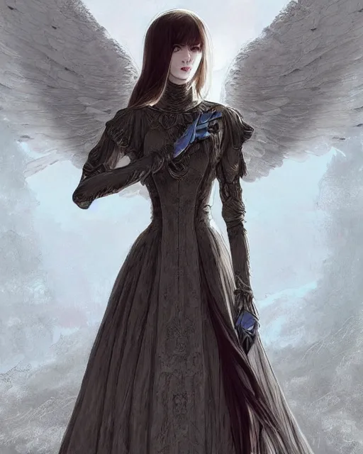 Image similar to an infinitely detailed portrait of a frail and pale female peace angel fully clothed. elegant clothes full - body, beautiful! scenery art!! coherent! by wlop & murata range, by ilya kuvshinov. victorian armor. artstation!! / pixiv!! elegantly armored angel portrait full - body, dreamy art