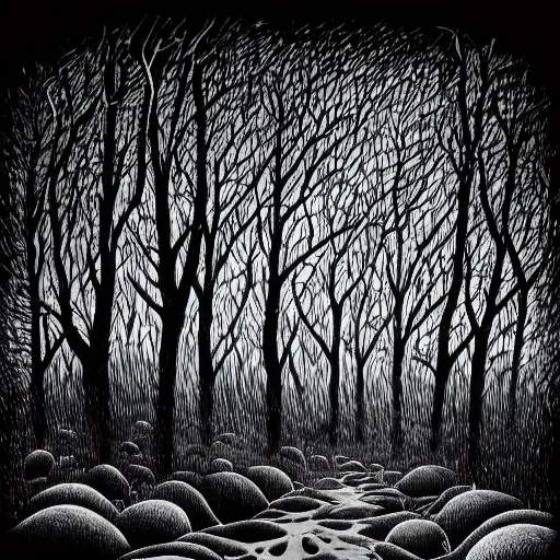 Image similar to dark forest illustration, 4k detailed, black ink on white paper, dark fantasy, white space in middle