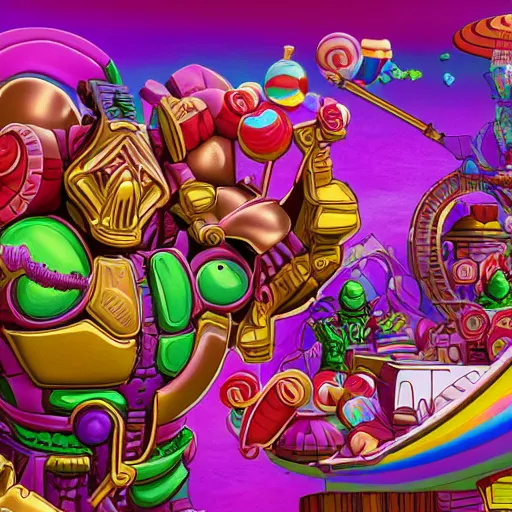 Image similar to the Doomslayer's adventure in Candy Land, 4k, highly detailed, digital art