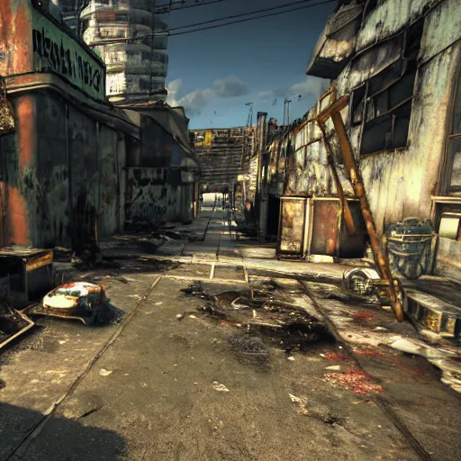 Image similar to Miami in ruins post-nuclear war in Fallout 4, in game screenshot