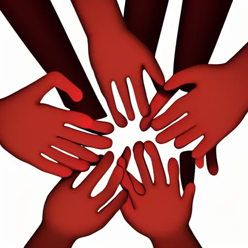 Image similar to a red person stylized is being indicated by many hands. curcular composition
