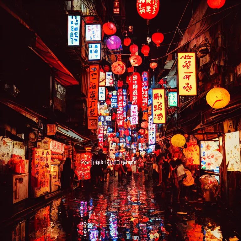Prompt: 1 9 8 0's photo by josh pierce and prateek vatash and roman bratschi, looking down a tight japanese alleyway street filled with small shops and food vendors and glowing paper lanterns and neon signs and fog, reflective puddles, hanging leaves, night, 4 d, 4 k, ray tracing reflections, volumetric lighting and shadows,