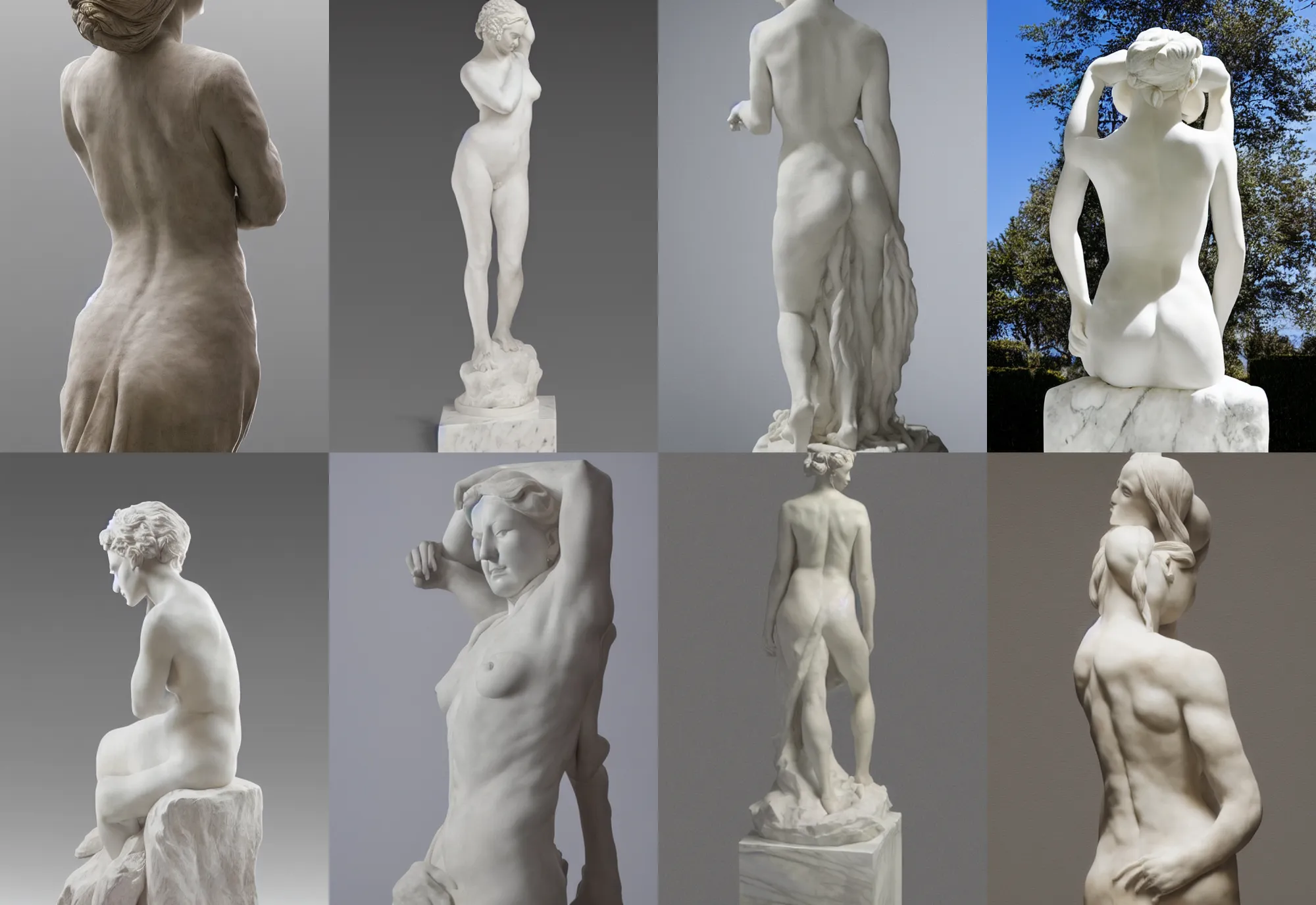 Prompt: front view of a sculpture of a woman in a dress with long hairs, rodin, white marble, back light