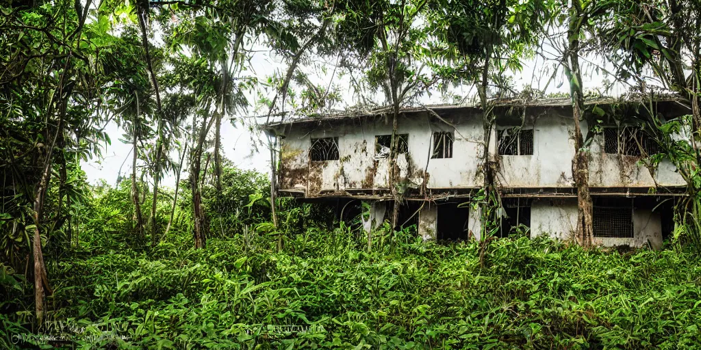 Prompt: abandoned sri lankan house, overgrown greenery, photography, dark