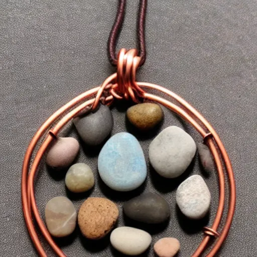 Prompt: beautiful but simple circular amulet made from equal parts bright sandstone and dark sandstone with a small rock shard separating them in the middle, bound together by copper wire and representing powerful love