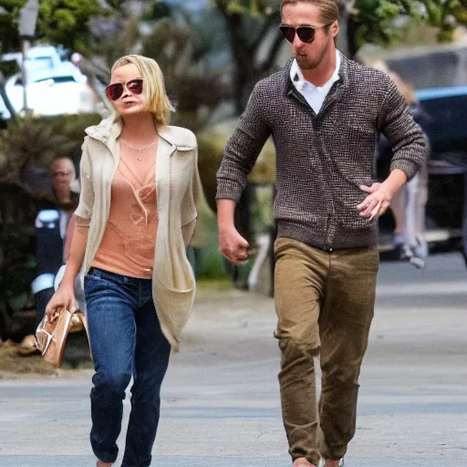 Image similar to still of ryan gosling and margot robbie, walking on eva mendes face